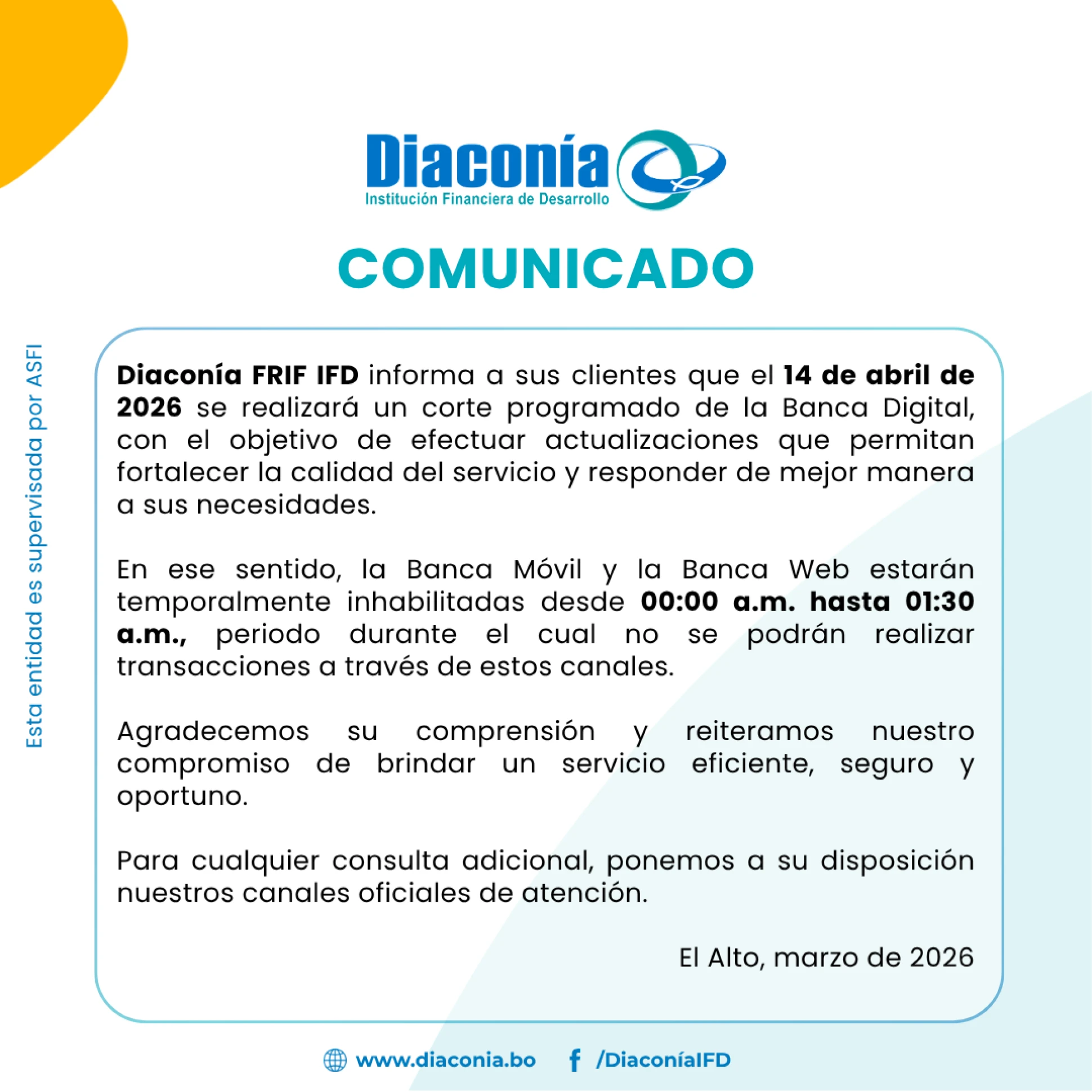 COMUNICADO CORTE BANCA DIGITAL